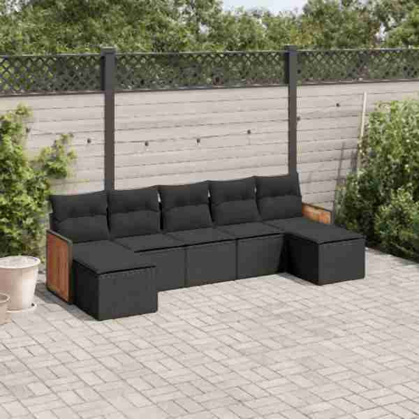 vidaXL 7-tlg. Garten-Sofagarnitur mit Kissen Schwarz Poly Rattan, UV-beständig, 3227910