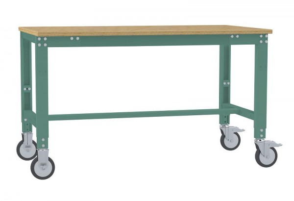 Manuflex Arbeitstisch UNIVERSAL Spezial mobil mit Multiplexplatte, BxTxH = 1250 x 600 x 752-972 mm, Graugrün, AU7325.0001