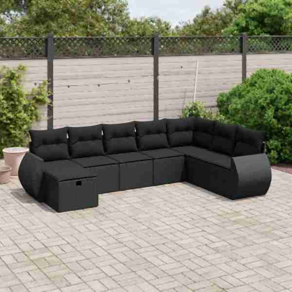 vidaXL 8-tlg. Garten-Sofagarnitur mit Kissen Schwarz Poly Rattan, UV-beständig, 3264201