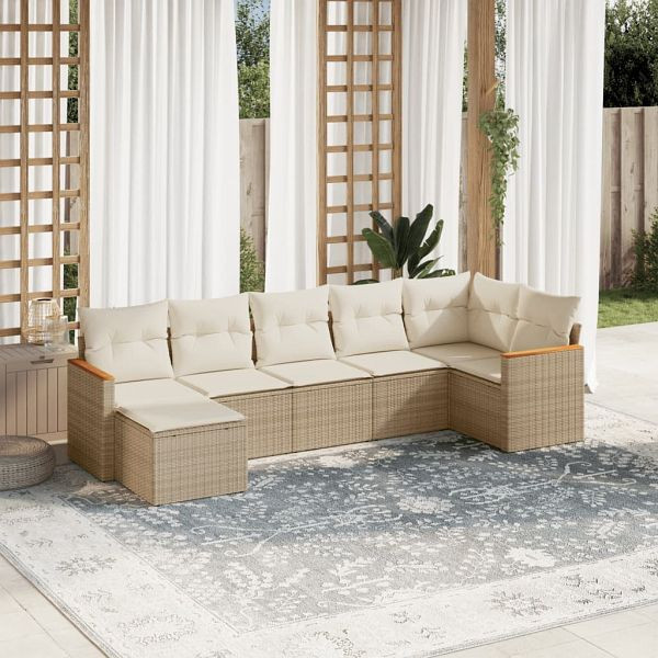 vidaXL 7-teilig Garten-Sofagarnitur mit Kissen Beige Poly Rattan, 3226191