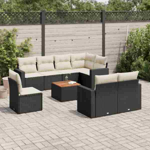 vidaXL 9-tlg. Garten-Sofagarnitur mit Kissen Schwarz Poly Rattan, UV-beständig, 3224215