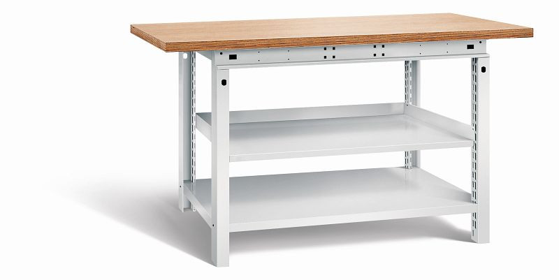 Otto Kind Werkbank Serie function Typ 208, Multiplexplatte 40 mm, überstehend, 1 Ablageboden, komplett RAL 7035, 072338217