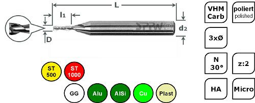 SPPW Micro-Bohrnutenfräser VHM 3xØ L: 39x6 z:2 d3 Ø2,25, 6685000225