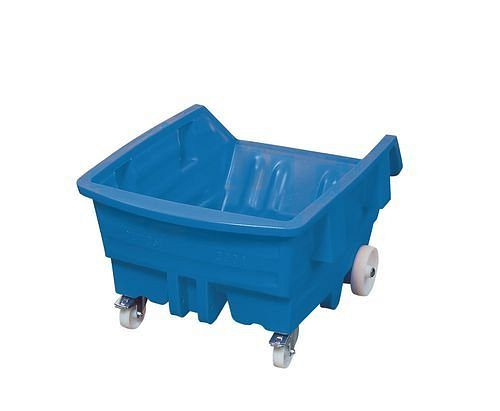 DENIOS Kippwagen aus Polyethylen (PE), mit Rollen, 500 Liter Volumen, blau, 136-459