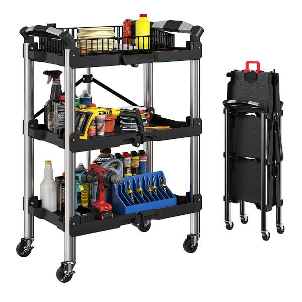 HOMCOM Werkzeug-Trolley, klappbarer 3-stufiger Werkzeugwagen, Kunststoff, Stahl, Schwarz, B20-116V00BK