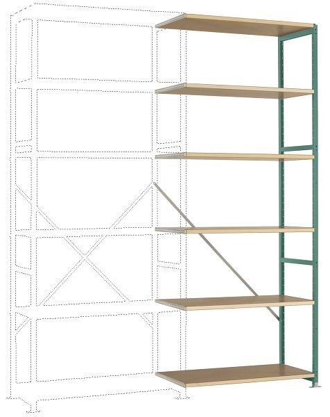 Manuflex Schweres Fachboden-Steckregal Anbauregal mit 6 Holzverbundböden, HxBxT = 2500 x 1000 x 800 mm, graugrün, RP1415.0001