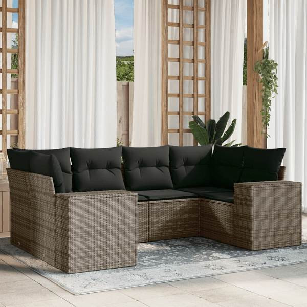 vidaXL 6-tlg. Garten-Sofagarnitur mit Kissen Grau Poly Rattan, UV-beständig, 3222979
