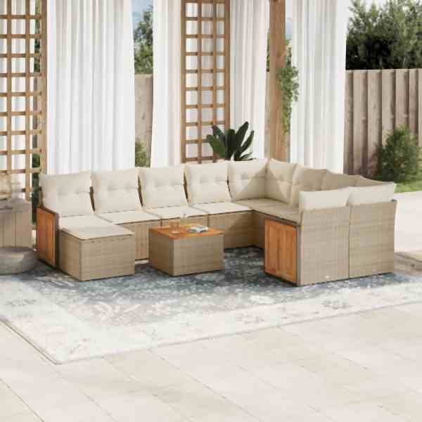 vidaXL 11-tlg. Garten-Sofagarnitur mit Kissen Beige Poly Rattan, UV-beständig, 3260644