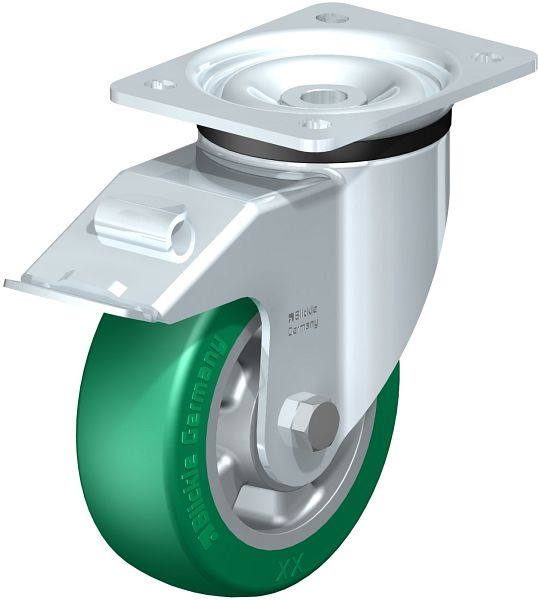 Blickle LK-ALST 150K-FI Stahlblech-Lenkrolle, schwere Ausführung, mit Anschraubplatte & Feststeller, Blickle Softhane®, Grün, 754772
