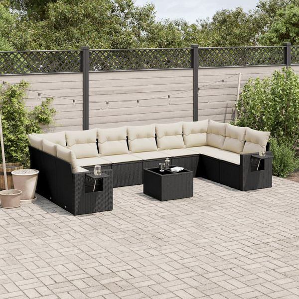 vidaXL 11-teilig Garten-Sofagarnitur mit Kissen Schwarz Poly Rattan, 3253013