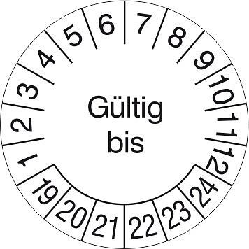 SafetyMarking Prüfplakette, Gültig bis, Prüfzeitraum: 19-24, Ø 3 cm, Folie, selbstklebend, VE: 15 Stück/Bogen, 30.3688-19-24