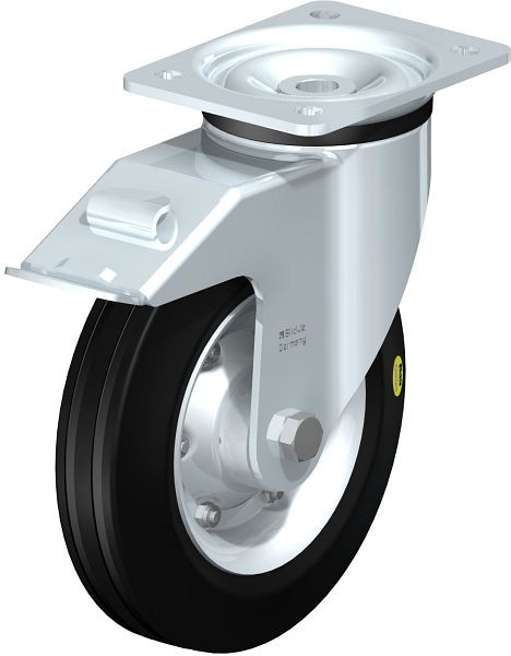 Blickle LK-RD 200K-FI Stahlblech-Lenkrolle, schwere Ausführung, mit Anschraubplatte & Feststeller, Zweikomponenten-Vollgummi, Schwarz, 614891