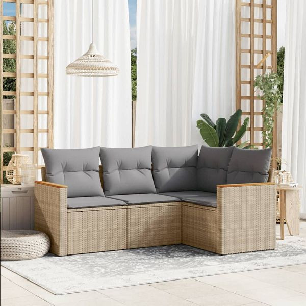 vidaXL 4-teilig Garten-Sofagarnitur mit Kissen Beigemischung Poly Rattan, 3225933