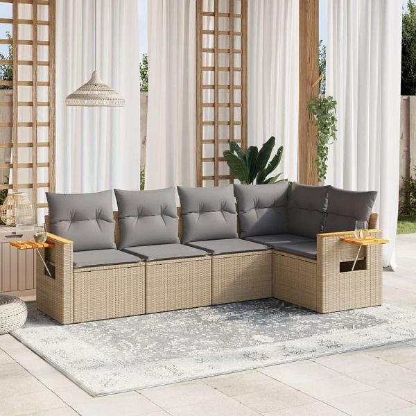 vidaXL 5-teilig Garten-Sofagarnitur mit Kissen Beige Poly Rattan, 3259189