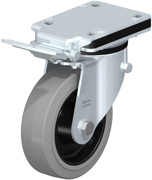 Blickle LK-POEV 160XR-IS-SG Stahlblech-Lenkrolle, mittelschwere Ausführung, mit Anschraubplatte & Feststeller, Elastik-Vollgummi, Grau, 851208