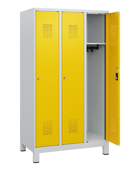 C+P Spind Evolo PLUS, Füße, 3 Abteile, 1630x900x500mm, 7035/1023, Zylinderschloss, 0490105-30 S10020