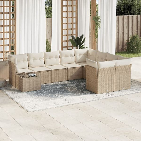 vidaXL 10-tlg. Garten-Sofagarnitur mit Kissen Beige Poly Rattan, 3218188