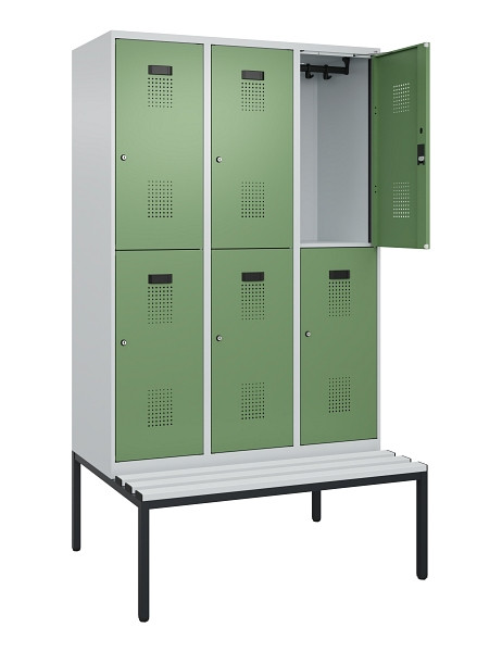 C+P Doppelstock-Spind Evolo PLUS, Bank, 6 Fächer, 2120x1200x815mm, 7035/6011, Zylinderschloss, Sitzfläche Kunststoff, Sitzbank, 0493507-32 S10118