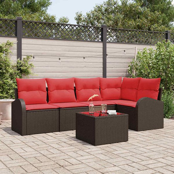 vidaXL Gartensofa-set mit Kissen 6-teilig Braun und Rot Poly-Rattan, 3354723