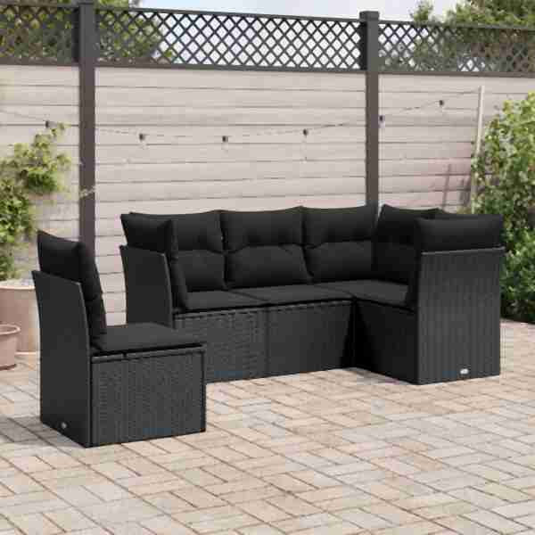 vidaXL 5-tlg. Garten-Sofagarnitur mit Kissen Schwarz Poly Rattan, UV-beständig, 3217635