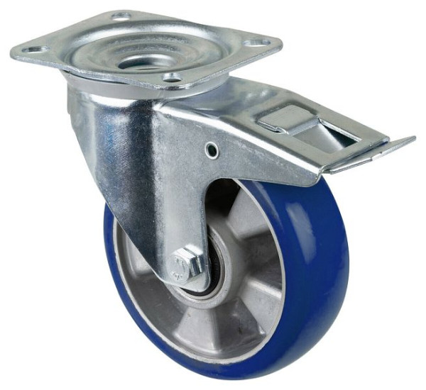 BS Rollen Transportrolle Lenkrolle mit Feststeller, Polyurethanrad 83 Shore Alufelge, Kugellager, Platte, Durchmesser: 160 mm, L420.B92.160
