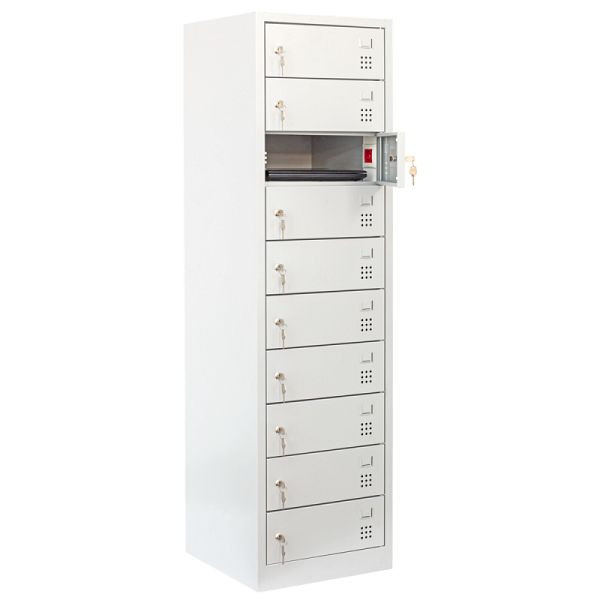 Lüllmann Laptopschrank, elektrifiziert, 10 Fächer, 1800 x 500 x 500 mm, lichtgrau, 526440