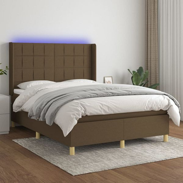vidaXL Boxspringbett mit Matratze & LED Dunkelbraun 140x200 cm Stoff, 3138880