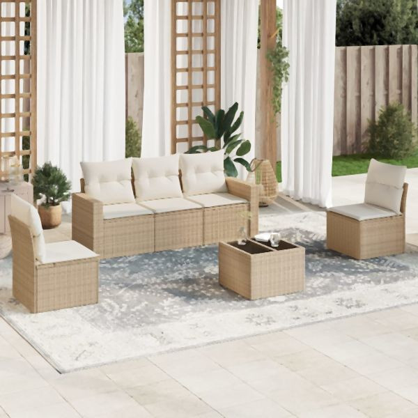 vidaXL 6-tlg. Garten-Sofagarnitur mit Kissen Beige Poly Rattan, 3251135