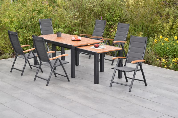Merxx Paxos Set 7-teilig, 6 Klappsessel, gepolstert, graphit/grau, 1 Flex Ausziehtisch 180/180 x 100/83 x 80/74 cm, 50828-307