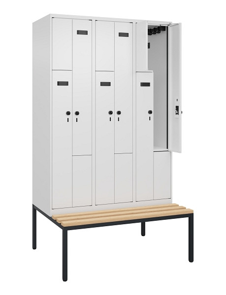 C+P Z-Spind Evolo PLUS, Bank, 6 Fächer, 2120x1200x815mm, 9016/9016, Drehriegel, Sitzfläche Buche-Hartholz, Sitzbank, 0490537-326 S10019