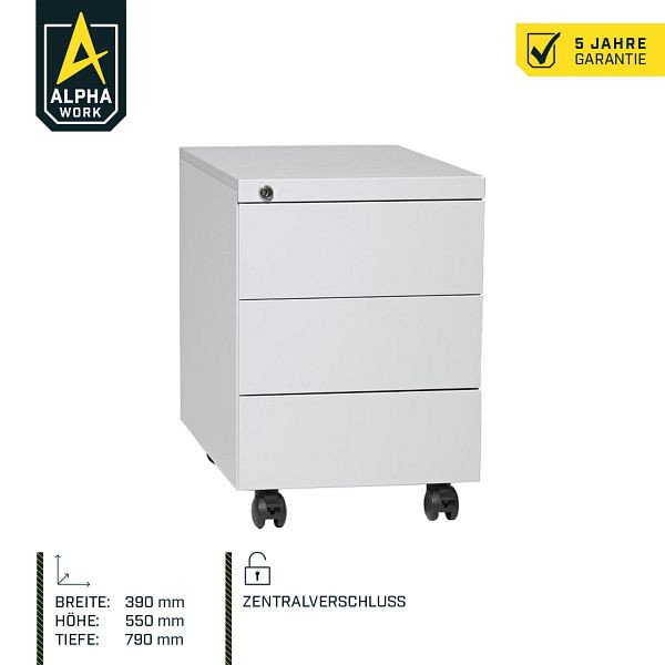 Alpha Work Rollcontainer, 390 x 550 x 790 mm, Stahl, Lichtgrau, 3 Schübe, 11543