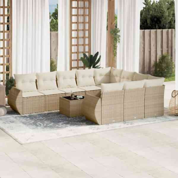 vidaXL 11-tlg. Garten-Sofagarnitur mit Kissen Beige Poly Rattan, UV-beständig, 3221897