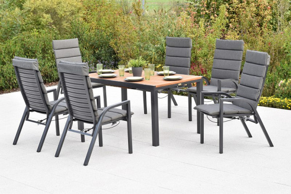 Merxx Siros Set 13-teilig, 6 Siros Sessel, verstellbar durch Gasdruckfeder, 6 Auflagen, uni grau/natur, 1 Ausziehtisch, 150 (200) x 90 cm, 50962-800