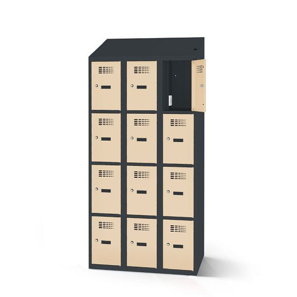 Rotstahl Fächerschrank, 12 Fächer, kurzer Sockel, mit Ladefunktion, Schrägdach, Korpus: anthrazitgrau, Türen: hellelfenbein, 2180-030400-1201112-7016-1015