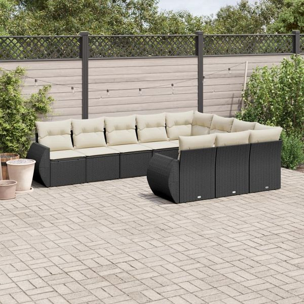 vidaXL 10-tlg. Garten-Sofagarnitur mit Kissen Schwarz Poly Rattan, 3221885