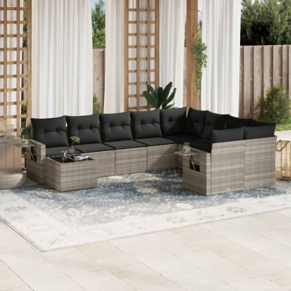 vidaXL 10-tlg. Garten-Sofagarnitur mit Kissen Hellgrau Poly Rattan, 3252999