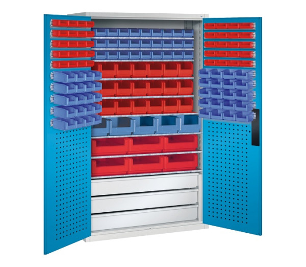 C+P Magazinschrank Serie 13, H1950xB1100xT535mm, 7035/5012, 142 Sichtlagerkästen, 130276-64 S10073