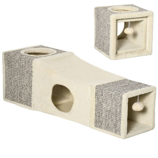 PawHut Katzentunnel, 2 Katzenhöhlen, Kratzflächen, 98 x 30 x 30 cm, Braun + Beige, D34-004V00CW
