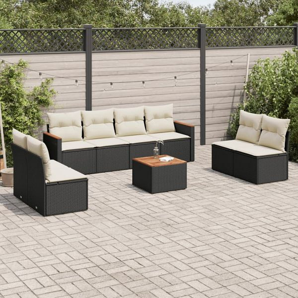 vidaXL 9-teilig Garten-Sofagarnitur mit Kissen Schwarz Poly Rattan, 3225895