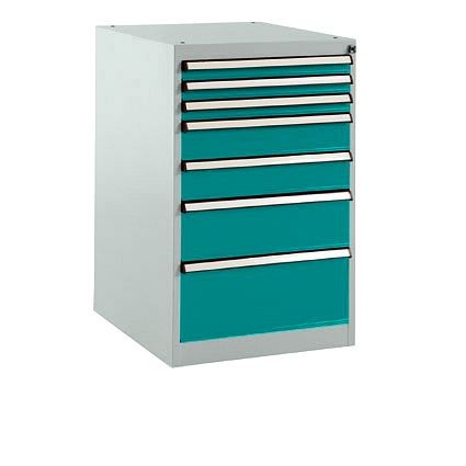 Manuflex Schubfachschrank BASETEC Stationär, Nutzhöhe 700 mm mit 7 Schubfächern, in wasserblau RAL 5021, SP1128.5021