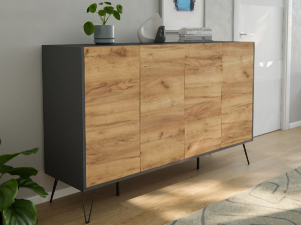 Posseik Sideboard Industrial P 155cm 4 Schubladen Türen Grafit/Eiche Front, PN2093X0000019DE