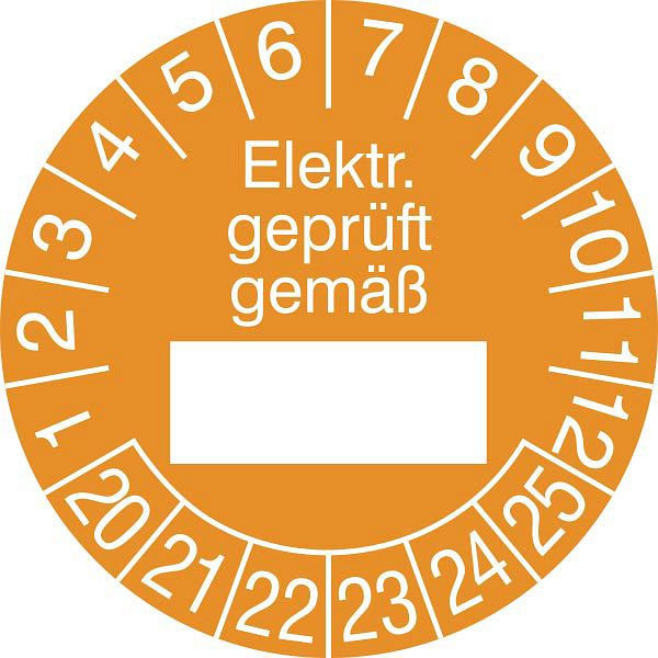 SafetyMarking Prüfplakette, elektrisch geprüft gemäß, Prüfzeitraum: 20-25, Ø 2,5 cm, Folie, selbstklebend, VE: 500 Stück/Rolle, 31.0799-20-25