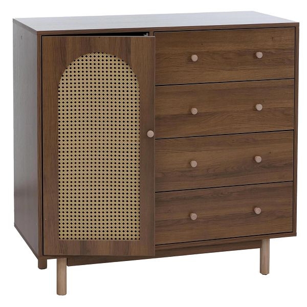 Mendler Kommode HWC-P52, Schrank Sideboard Highboard, Schubladen Staufächer, Poly-Rattan MDF Melamin 95x100x40cm, braun, 139914+139915