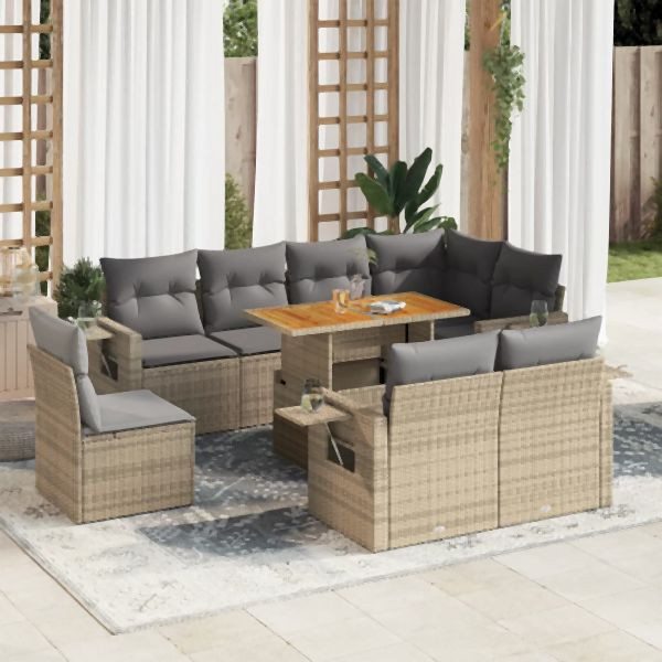 vidaXL 9-tlg. Garten-Sofagarnitur mit Kissen Beige Poly Rattan, 3327167