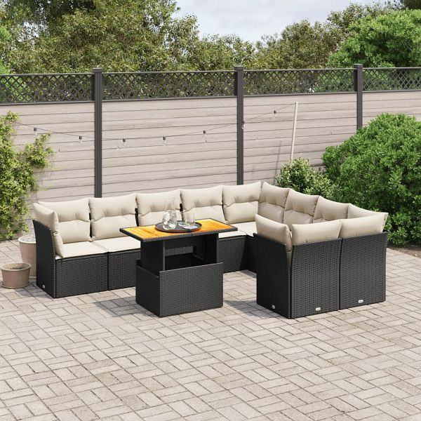 vidaXL 10-tlg. Garten-Sofagarnitur mit Kissen Schwarz Poly Rattan, 3271007