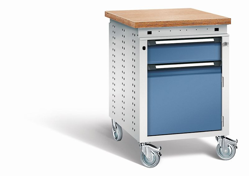 Otto Kind Werkbank Serie function Typ 151 fahrbar, Multiplexplatte, bündig, Unterbau, mit Zentralverschluss, Gehäuse RAL 7035, Front RAL 5023, 072378164