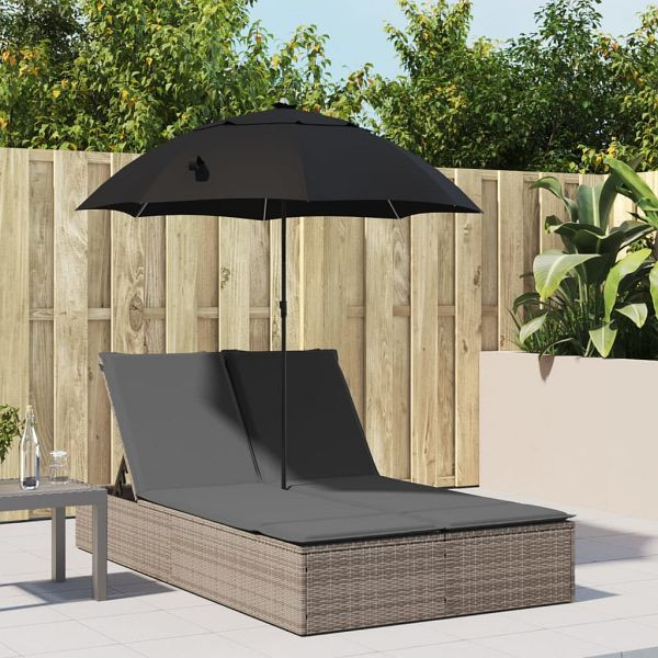 vidaXL Doppel-Sonnenliege mit Kissen & Sonnenschirm Grau Poly Rattan, 368083