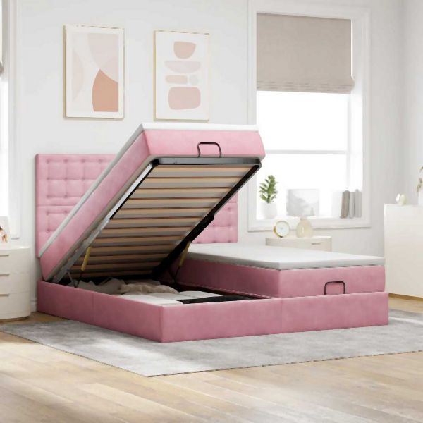 vidaXL Ottoman-Bett mit Matratzen & LEDs Rosa 160x200 cm Samt, 3314656