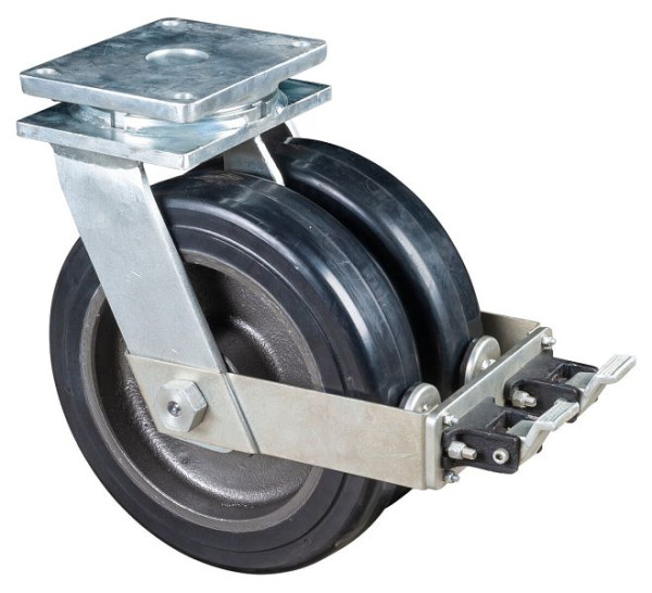 BS Rollen Schwerlastdoppelrolle mit Rad-/Feststeller, B2x100 mm, Ø400 mm, bis 3000 kg, Elastik-Reifen schwarz, Körper Guss, Kugellager, S120.B81.400