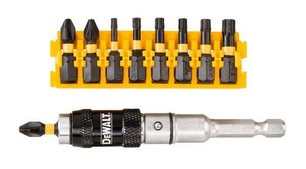 DeWalt 10-teilig Set EXTREME FLEXTORQ mit 20 schwenkbarem Bithalter inkl. 9 Bits 25 mm, DT70578T-QZ